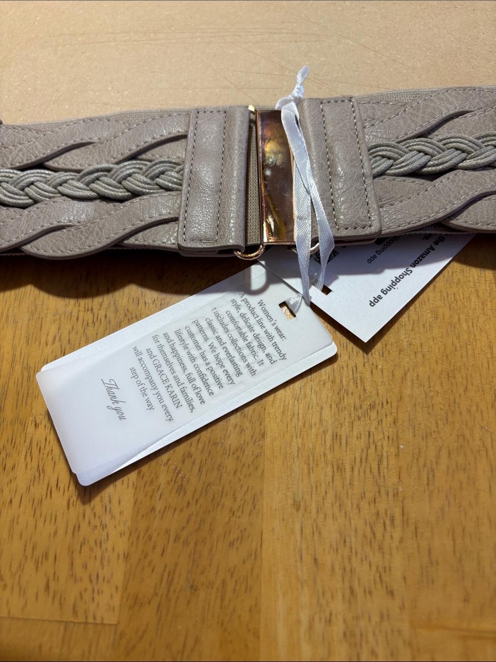 Grace Karin Tan Braided Elastic Waist Belt with Gold Plate NWT